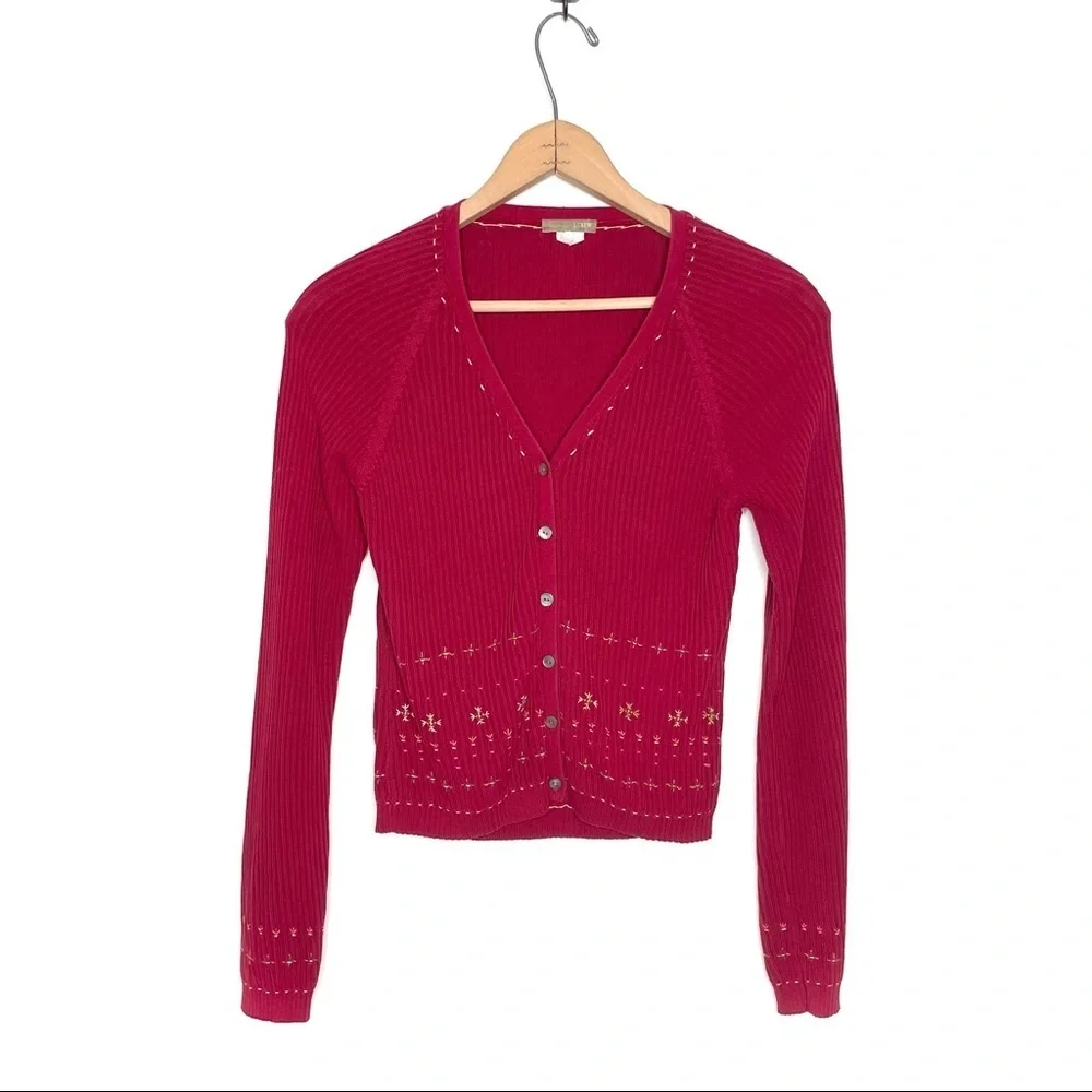 J. Crew | Vintage Red Embroidered Cardigan Sweater